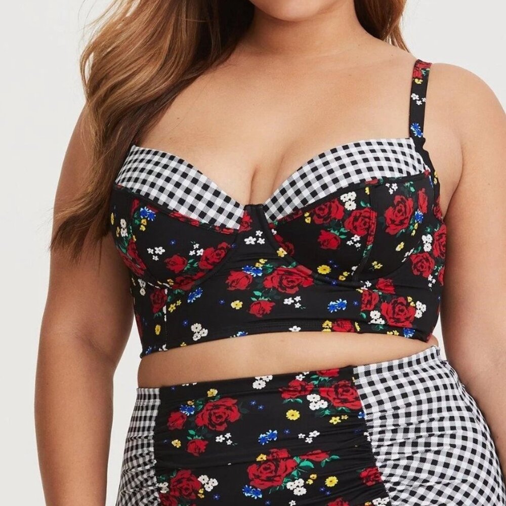 Torrid Gingham Floral Underwire Long Line Bikini Top